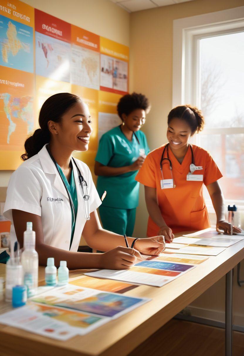 A diverse group of passionate volunteers of different ethnicities working together in a vibrant clinic setting, treating patients with care and compassion. The background features medical supplies and posters promoting health awareness, while a warm sunlight filters through the windows, symbolizing hope. Add a world map highlighting global outreach. super-realistic. vibrant colors. warm atmosphere.