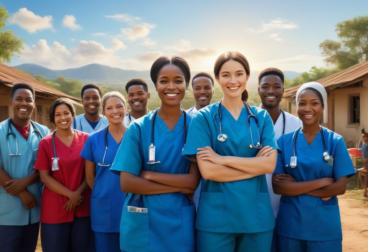 A diverse group of medical volunteers providing care in a rural village, with patients of various ages and backgrounds. The scene should reflect compassion and collaboration under a bright blue sky, highlighting medical supplies and a sense of community. Include elements like a stethoscope, first aid kits, and happy interactions between volunteers and villagers. super-realistic. vibrant colors. uplifting atmosphere.
