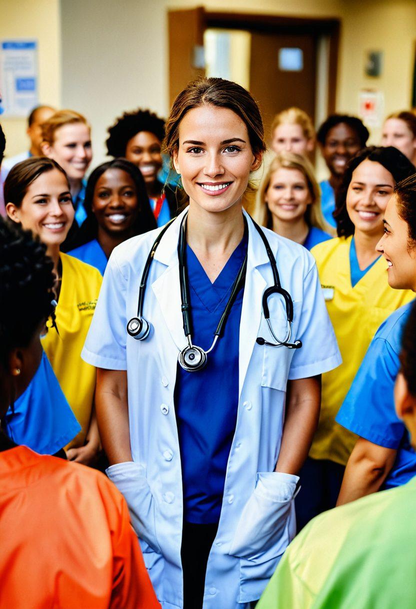 A compassionate healthcare professional, with a stethoscope around their neck, is surrounded by a diverse group of enthusiastic volunteers actively assisting in a lively emergency care setting. The background showcases a modern hospital environment with vibrant emergency equipment and emotional interactions, symbolizing teamwork and care. A warm, golden light bathes the scene, highlighting the urgency and hope in a crisis. super-realistic. vibrant colors. warm lighting.